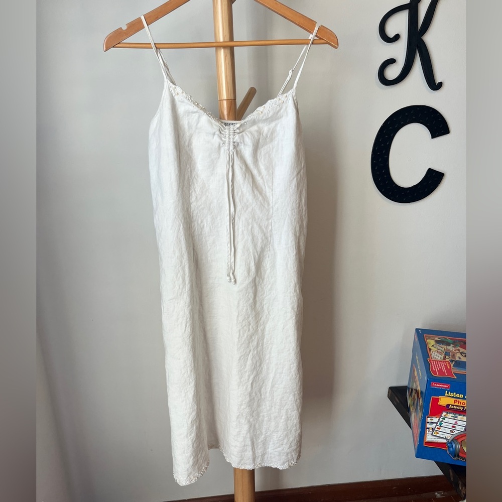 Paraphrase Ivory Beaded Linen Shift Dress Lined Adjustable Straps Size 8